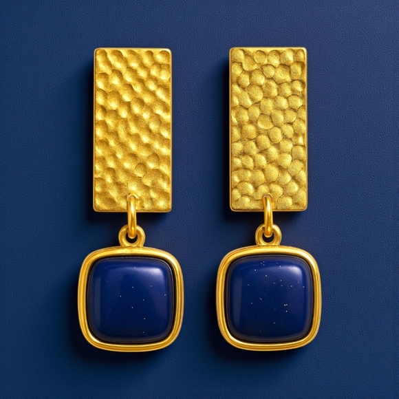 ποΈGold Plated Hammered Geometric Earrings with Lapis Lazuli Genuine Stone β¨ - Picture 6 of 11